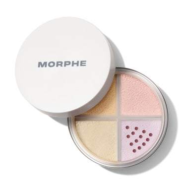 {Bright Balance} Morphe Bake & Set Loose Powder Quad: four color-correcting shades — yellow, pink, lavender, and translucent — in a round compact with sifter | Bake & Set Loose Powder Quad