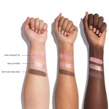 {Tulle Order} 
Morphe ChromaPlus Eyeshadow Trio in Tulle Order – close-up eye looks on light skin tones featuring metallic pink shimmer and rosy mauve eye look, with product texture swatch