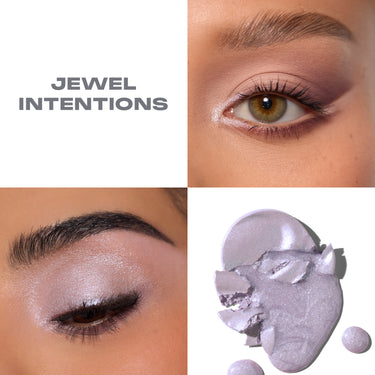 {Jewel Intentions} Morphe ChromaPlus Eyeshadow Trio in Jewel Intentions open compact in pink case with three round pans – matte blush pink, metallic iridescent lavender shimmer, and matte dark mauve eyeshadow.