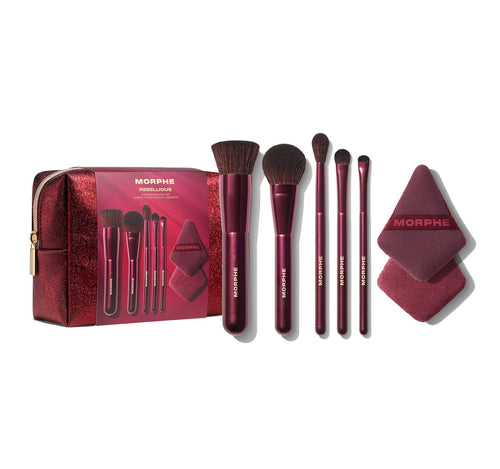 Morphe makeup brush set with red packaging on a white background, view larger image-view-1