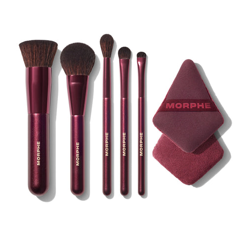 Set of Morphe makeup brushes and a sponge on a white background, view larger image-view-7