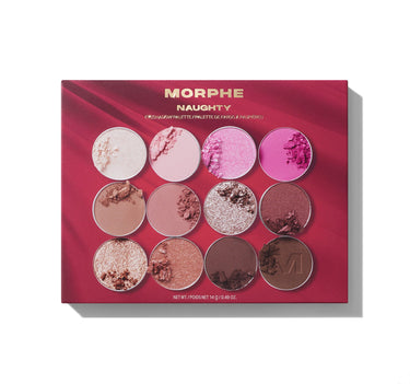 Morphe Naughty makeup palette with various shades on a red background