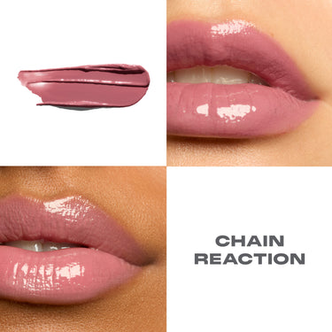 {Chain Reaction}
Collage of a pink lip color swatch and application on lips with 