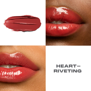 {Heart-Riveting}
Collage of red lipstick swatch and application on lips with 