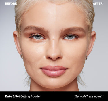 Image Of Before Bake & Set Setting Powder And After, Set With Translucent Setting Powder.