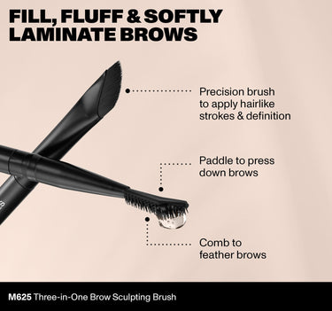 M625 Three-in-One Brow Sculpting Brush | Fill, Fluff & Softly Laminate Brows | Precision brush to apply hairlike strokes & definition | Paddle to press down brows | Combs to feather brows