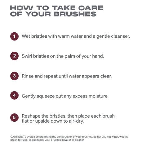 HOW TO TAKE CARE
OF YOUR BRUSHES
o Wet bristles with warm water and a gentle cleanser.
e Swirl bristles on the palm of your hand.
e Rinse and repeat until water appears clear.
o Gently squeeze out any excess moisture.
e Reshape the bristles, then place each brush
flat or upside down to air-dry.
CAUTION: To avoid compromising the construction of your brushes, do not use hot water, wet the
brush ferules,or submerge your brushes n water o cleaner
, view larger image-view-5