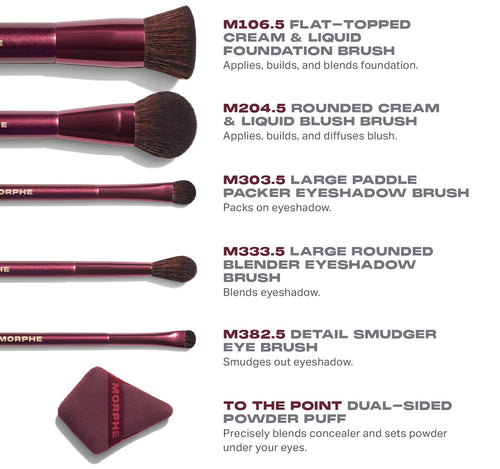 M106.5 FLAT-TOPPED
CREAM & LIQUID
FOUNDATION BRUSH

Applies, builds, and blends foundation.
M204.5 ROUNDED CREAM
& LIQUID BLUSH BRUSH
Applies, builds, and diffuses blush.
M303.5 LARGE PADDLE
PACKER EYESHADOW BRUSH
Packs on eyeshadow.

M333.5 LARGE ROUNDED
BLENDER EYESHADOW
BRUSH

Blends eyeshadow.

M382.5 DETAIL SMUDGER
EYE BRUSH

Smudges out eyeshadow.

TO THE POINT DUAL~-SIDED
POWDER PUFF

Precisely blends concealer and sets powder
under your eyes.
, view larger image-view-6