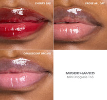 Lip gloss comparison with 'Cherry Bad', 'Frosé All Day', and 'Opalescent Orchid' on a person's lips.-view-2