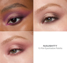Close-up of eyes with different eyeshadow looks and 'NAUGHTY' 12-Pan Eyeshadow Palette branding.-view-6