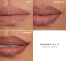 Comparison of four lip shades labeled 'Wifey', 'Makeup Talk', 'Berry Cola', and 'Mischievous' on a skin-toned background.-view-4