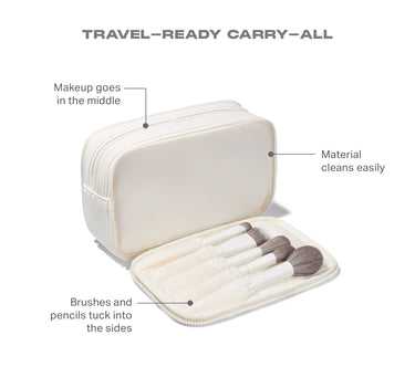 Travel makeup case with brushes and text highlighting features on a white background
