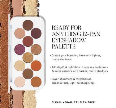 READY FOR ANYTHING 12-PAN EYESHADOW PALETTE ﻿﻿Create your blending base with lighter, matte shadows. ﻿﻿Add depth & definition to creases, lash lines & outer corners with darker, matte shadows. ﻿﻿Laver shimmers & metallics on top as a final, light-catching step. {Wall Flower}