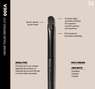 Infographic of brush details: V300 – CUT CREASE DETAIL BRUSH
Small, dense brush head, Cutting-edge synthetic bristles for superior product pickup and laydown
Pull-tested to minimize shedding 
100% vegan
IDEAL FOR: Carving out a cut-crease, applying lip product, or cleaning up around the lips or brows with concealer
IDEAL WITH: Powders, Creams, Liquids  {FILTER DEEP 40}