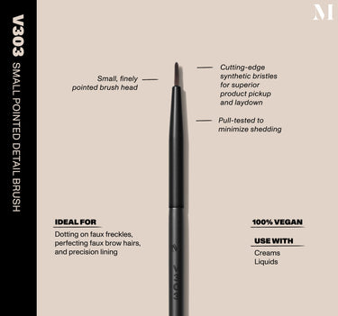 Infographic of brush details: V303 – SMALL POINTED DETAIL BRUSH
Small, finely pointed brush head, Cutting-edge synthetic bristles for superior product pickup and laydown
Pull-tested to minimize shedding.
100% vegan
IDEAL FOR: Dotting on faux freckles, perfecting faux brow hairs, and precision lining
IDEAL WITH: Powders, Creams, Liquids  {FILTER DEEP 40}