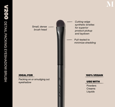 Infographic of brush details: V200 – DETAIL PACKING EYESHADOW BRUSH
Small, dense brush head, Cutting-edge synthetic bristles for superior product pickup and laydown
Pull-tested to minimize shedding 
100% vegan
IDEAL FOR: Packing on or smudging out eyeshadow
IDEAL WITH: Powders, Creams, Liquids  {FILTER DEEP 40}