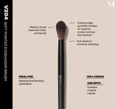 Infographic of brush details: V204 – SOFT POINTED EYESHADOW BRUSH
Medium brush head with fluffy, pointed tip, Cutting-edge synthetic bristles for superior product pickup and laydown
Pull-tested to minimize shedding 
100% vegan
IDEAL FOR: Applying and blending eyeshadow
IDEAL WITH: Powders, Creams, Liquids  {FILTER DEEP 40}