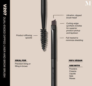 Infographic of brush details: V207 – DUAL-ENDED DIPPED LINER AND BROW BRUSH
Ultrathin, dipped brush head, Cutting-edge synthetic bristles for superior product pickup and laydown
Pull-tested to minimize shedding.
100% vegan
IDEAL FOR: Precision lining or filling in brows
IDEAL WITH: Powders, Creams, Liquids, Gels, Waxes {FILTER DEEP 40}