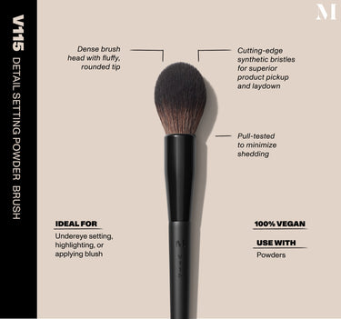 Infographic of brush details: V115 – DETAIL SETTING POWDER BRUSH
Dense brush head with fluffy, rounded tip, Cutting-edge synthetic bristles for superior product pickup and laydown
Pull-tested to minimize shedding 
100% vegan
IDEAL FOR: Undereye setting, highlighting, or applying blush
IDEAL WITH: Powders, Creams, Liquids  {FILTER DEEP 40}