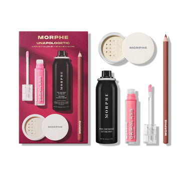 Morphe makeup product set with various items including bottles, brushes, and a pink box on a white background.