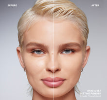 Before and after comparison of a woman's face with makeup application, featuring 'Bake & Set Setting Powder' by CoverGirl.-view-7
