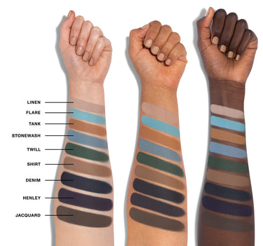 9C Matte Essentials Artistry Palette - Eyelet, Sundress, Gingham, Vintage, Maxi, Paisley, Mini, Floral, Ditsy arm swatches on three skin tones