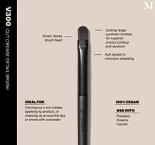 Infographic of brush details: V300 – CUT CREASE DETAIL BRUSH
Small, dense brush head, Cutting-edge synthetic bristles for superior product pickup and laydown
Pull-tested to minimize shedding 
100% vegan
IDEAL FOR: Carving out a cut-crease, applying lip product, or cleaning up around the lips or brows with concealer
IDEAL WITH: Powders, Creams, Liquids -view-2