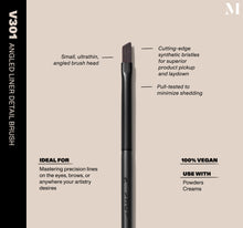 Infographic of brush details: V301 – ANGLED LINER DETAIL BRUSH
Small, ultrathin, angled brush head, Cutting-edge synthetic bristles for superior product pickup and laydown
Pull-tested to minimize shedding. 
100% vegan
IDEAL FOR: Mastering precision lines on the eyes, brows, or anywhere your artistry desires
IDEAL WITH: Powders, Creams, Liquids -view-2