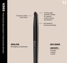 Infographic of brush details: V203 – PRECISION SMUDGER EYESHADOW BRUSH
Compact, dense brush head, Cutting-edge synthetic bristles for superior product pickup and laydown
Pull-tested to minimize shedding 
100% vegan
IDEAL FOR: Smudging out eyeshadow 
IDEAL WITH: Powders, Creams, Liquids-view-2