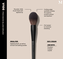 Infographic of brush details: V106 – PRECISION BLUSH BRUSH
Rounder, fluffy brush head with tapered tip, Cutting-edge synthetic bristles for superior product pickup and laydown
Pull-tested to minimize shedding 
100% vegan
IDEAL FOR: Applying blush, as well as bronzer and setting powder
IDEAL WITH: Powders, Creams, Liquids -view-2